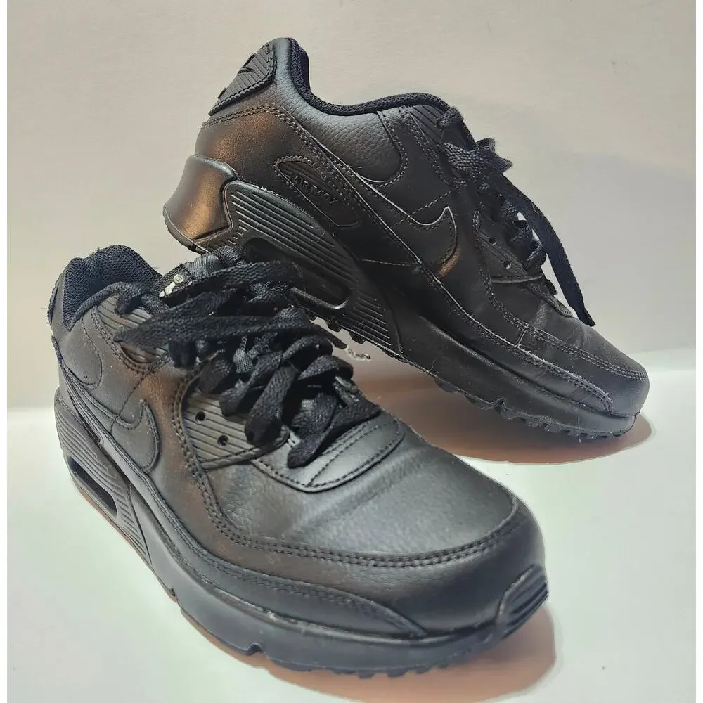 Nike Air Max 90 LTR Triple Black Size 6Y Big Kids Leather Shoes CD6864-001
